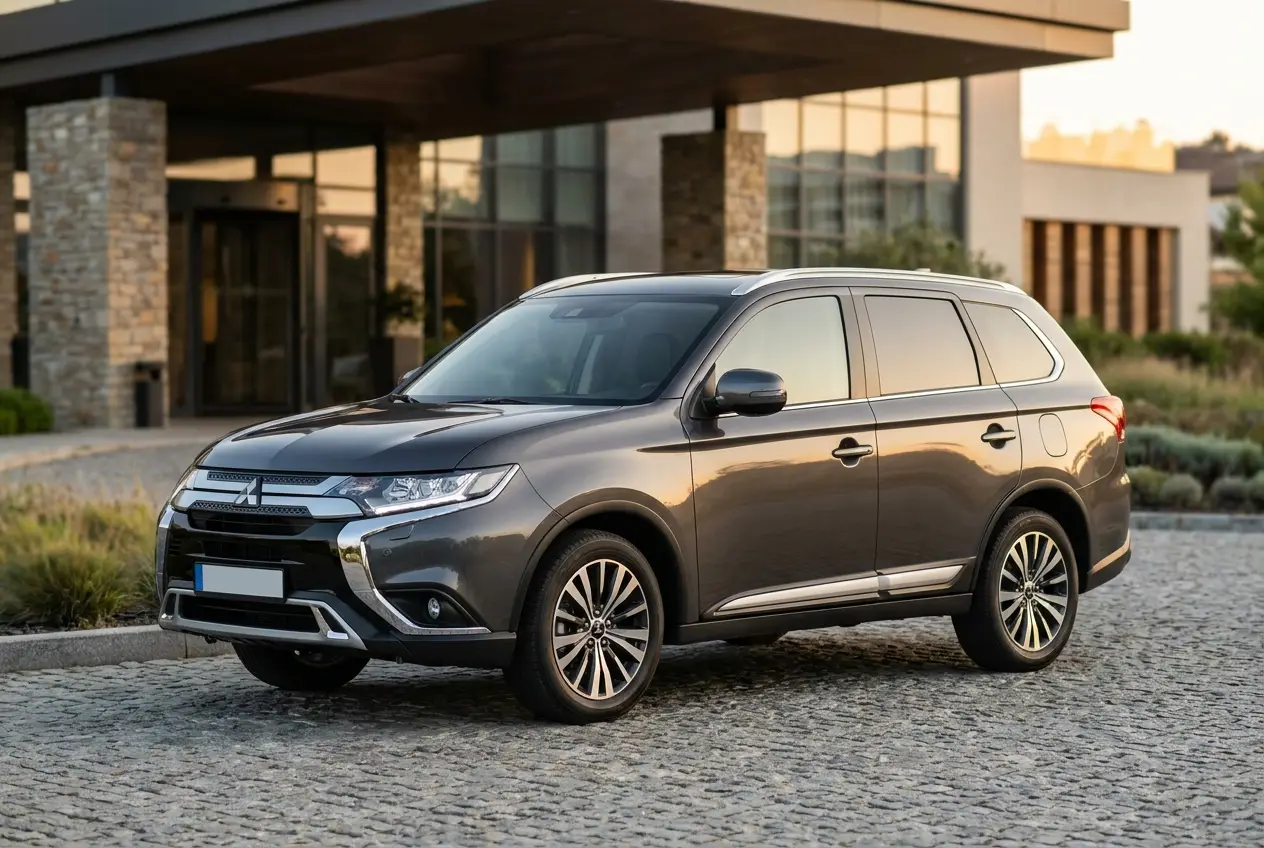 Gray 2020 Mitsubishi Outlander parked at an upscale hotel entrance at golden hour