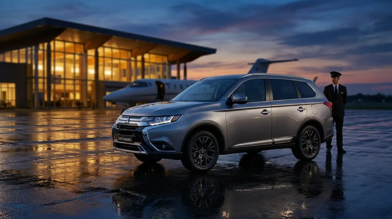 Gray Mitsubishi Outlander with a professional chauffeur at a private airport terminal at dusk
